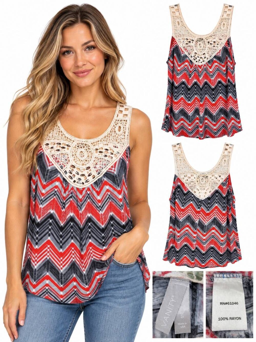 Vanity S Crochet Lace Chevron Tank Top Red Black Boho